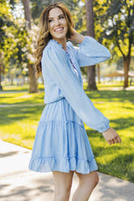 Load image into Gallery viewer, Light Blue V Neck Long Sleeve Ruffle Tiered Mini Dress