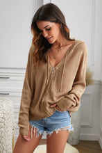 Load image into Gallery viewer, Khaki Zipper V-neck Dropped Sleeve Hooded Solid Sweater