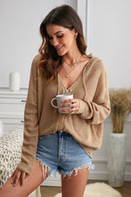 Load image into Gallery viewer, Khaki Zipper V-neck Dropped Sleeve Hooded Solid Sweater