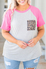 Load image into Gallery viewer, Stripe Leopard Patch Pocket Plus Size Raglan Sleeve Tee