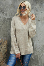 Load image into Gallery viewer, Khaki V neck Drop Shoulder Knitted Sweater