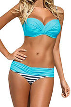Load image into Gallery viewer, Striped Blue Padded Gather Push-up Bikini Set