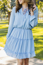 Load image into Gallery viewer, Light Blue V Neck Long Sleeve Ruffle Tiered Mini Dress