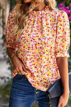 Load image into Gallery viewer, Boho Floral Ruffle Short Sleeve Frill Mock Neck Blouse