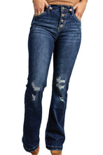 Load image into Gallery viewer, Dark Washed Distressed Flare Bottom Jeans