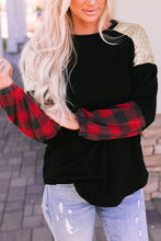 Load image into Gallery viewer, Crewneck Lantern Sleeve Plaid Sequin Splicing Pullover Sweatshirt