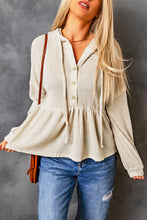 Load image into Gallery viewer, Waffle Knit Buttons Ruffled Hooded Top
