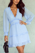 Load image into Gallery viewer, Layered Ruffled Open Back Puff Sleeve Swiss Dot Mini Dress