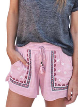 Load image into Gallery viewer, Boho Embroidered Floral Tasseled Drawstring Waist Casual Shorts