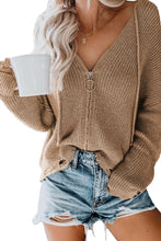 Load image into Gallery viewer, Khaki Zipper V-neck Dropped Sleeve Hooded Solid Sweater