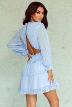 Load image into Gallery viewer, Layered Ruffled Open Back Puff Sleeve Swiss Dot Mini Dress