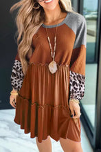 Load image into Gallery viewer, Waffle Knit Leopard Patchwork Long Sleeve Dress