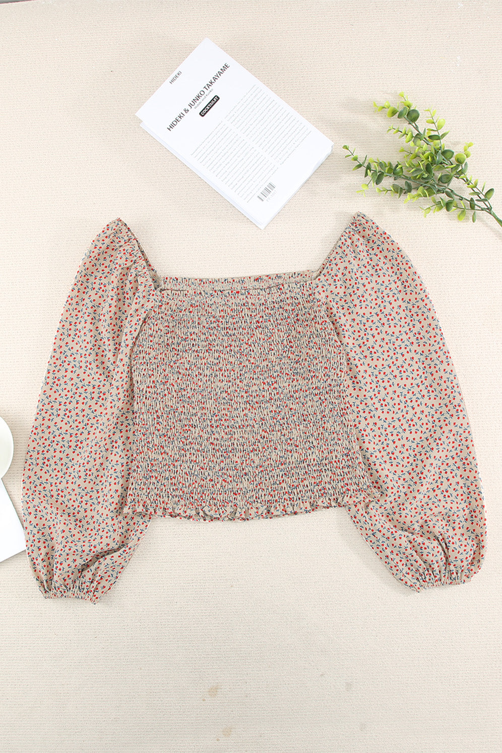 Apricot Square Neck Puff Sleeve Floral Smocked Top