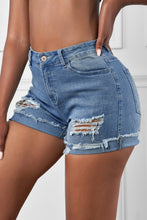 Load image into Gallery viewer, Distressed Ripped Rolled Hem Sky Blue Denim Shorts
