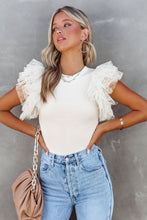 Load image into Gallery viewer, Beige Dotty Mesh Ruffle Sleeve Ribbed Knit Top
