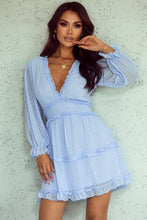Load image into Gallery viewer, Layered Ruffled Open Back Puff Sleeve Swiss Dot Mini Dress