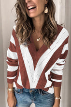 Load image into Gallery viewer, Striped Colorblock V Neck Knitted Sweater
