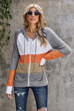 Load image into Gallery viewer, Zipped Front Colorblock Hollow-out Knit Hoodie