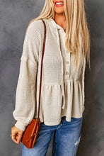 Load image into Gallery viewer, Waffle Knit Buttons Ruffled Hooded Top