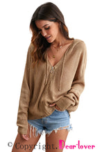 Load image into Gallery viewer, Khaki Zipper V-neck Dropped Sleeve Hooded Solid Sweater