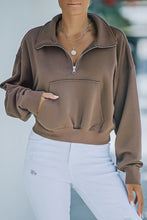 Load image into Gallery viewer, Zipped Turn Down Collar Cropped Sweatshirt with Pocket