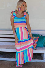 Load image into Gallery viewer, Multicolor Color Block Striped Bow Knot Straps Maxi Dress