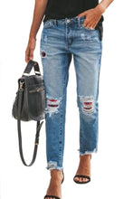 Load image into Gallery viewer, Plaid Patchwork Hollow Out Frayed Hem Ripped Jeans

