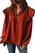 Load image into Gallery viewer, Ruffled Pleated Buttoned V Neck Blouse