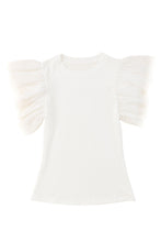 Load image into Gallery viewer, Beige Dotty Mesh Ruffle Sleeve Ribbed Knit Top