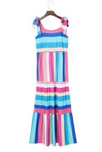 Load image into Gallery viewer, Multicolor Color Block Striped Bow Knot Straps Maxi Dress