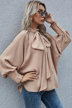 Load image into Gallery viewer, Khaki Frilled Knotted Mock Neck Bishop Sleeve Blouse