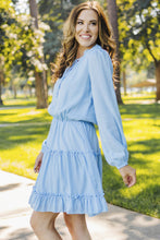 Load image into Gallery viewer, Light Blue V Neck Long Sleeve Ruffle Tiered Mini Dress