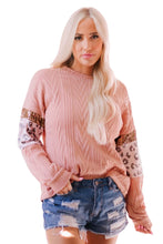 Load image into Gallery viewer, Leopard Sequin Splicing Sleeves Textured Knit Top