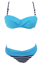 Load image into Gallery viewer, Striped Blue Padded Gather Push-up Bikini Set