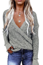 Load image into Gallery viewer, Black/Pink/Gray/Khaki/Apricot Wrap V Neck Waffle Sweater
