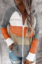 Load image into Gallery viewer, Zipped Front Colorblock Hollow-out Knit Hoodie