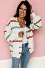 Load image into Gallery viewer, Beige Drop Shoulder Pocketed Stripe Sweater Cardigan