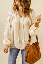 Load image into Gallery viewer, Beige Leopard Mesh Bubble Sleeve Split Neck Blouse