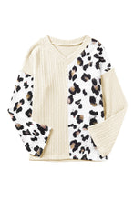 Load image into Gallery viewer, Beige Asymmetric Leopard Patchwork Wide Sleeve V Neck Sweater
