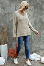 Load image into Gallery viewer, Khaki V neck Drop Shoulder Knitted Sweater