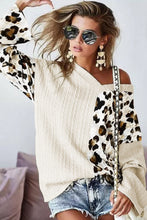 Load image into Gallery viewer, Beige Asymmetric Leopard Patchwork Wide Sleeve V Neck Sweater