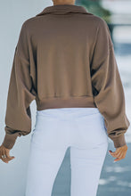 Load image into Gallery viewer, Zipped Turn Down Collar Cropped Sweatshirt with Pocket