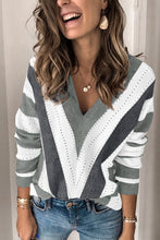 Load image into Gallery viewer, Striped Colorblock V Neck Knitted Sweater