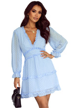 Load image into Gallery viewer, Layered Ruffled Open Back Puff Sleeve Swiss Dot Mini Dress