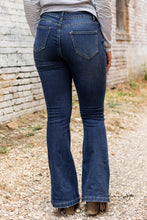 Load image into Gallery viewer, Dark Washed Distressed Flare Bottom Jeans