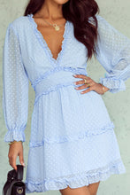 Load image into Gallery viewer, Layered Ruffled Open Back Puff Sleeve Swiss Dot Mini Dress