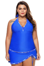 Load image into Gallery viewer, Contrast Trim Royal Blue Halter Tankini Skort Swimsuit