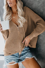 Load image into Gallery viewer, Khaki Zipper V-neck Dropped Sleeve Hooded Solid Sweater