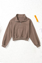 Load image into Gallery viewer, Zipped Turn Down Collar Cropped Sweatshirt with Pocket