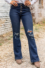 Load image into Gallery viewer, Dark Washed Distressed Flare Bottom Jeans